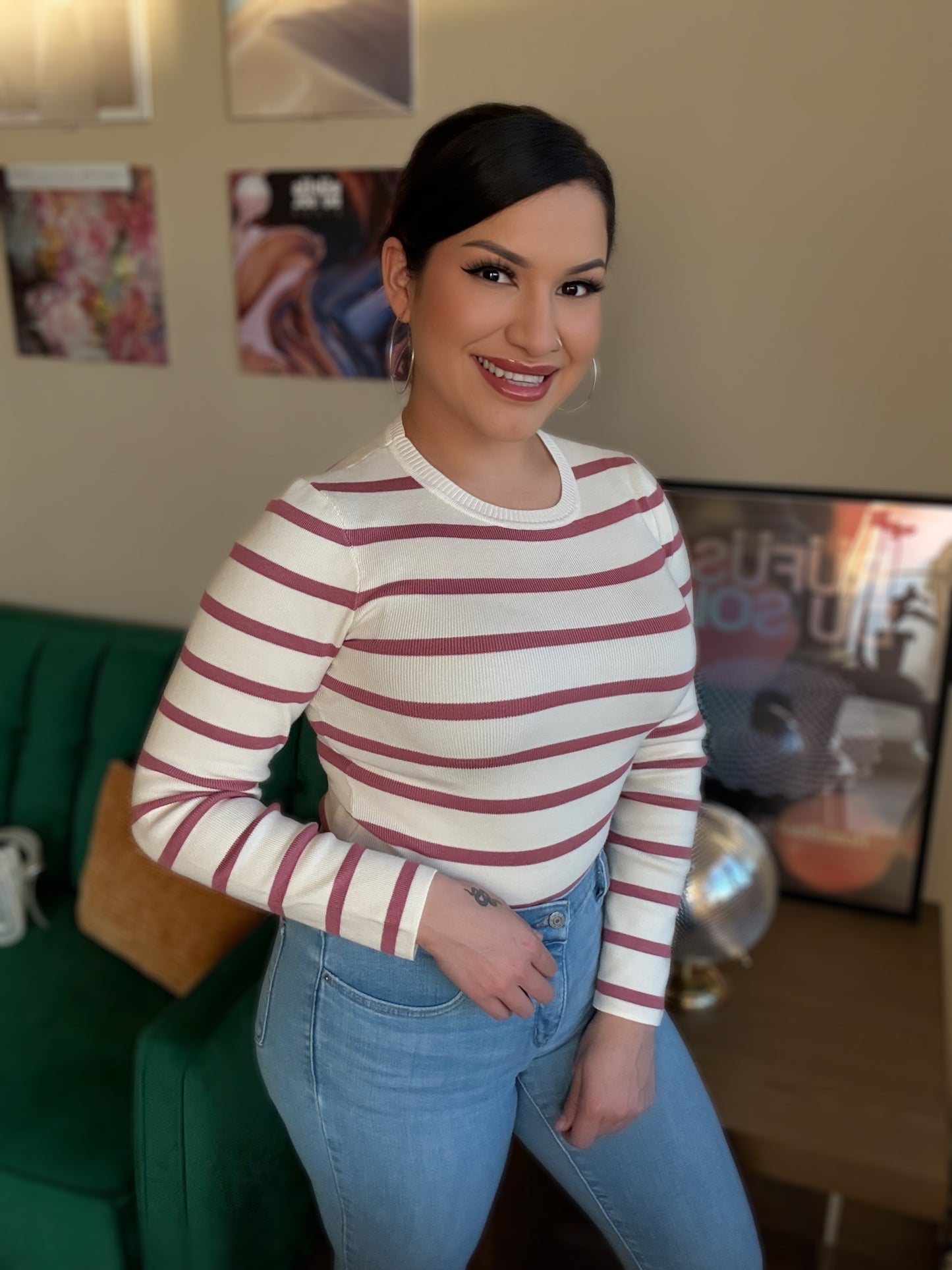 Round Neck Long Sleeve Stripe Knit Bodysuit, Creme with Rose Stripes