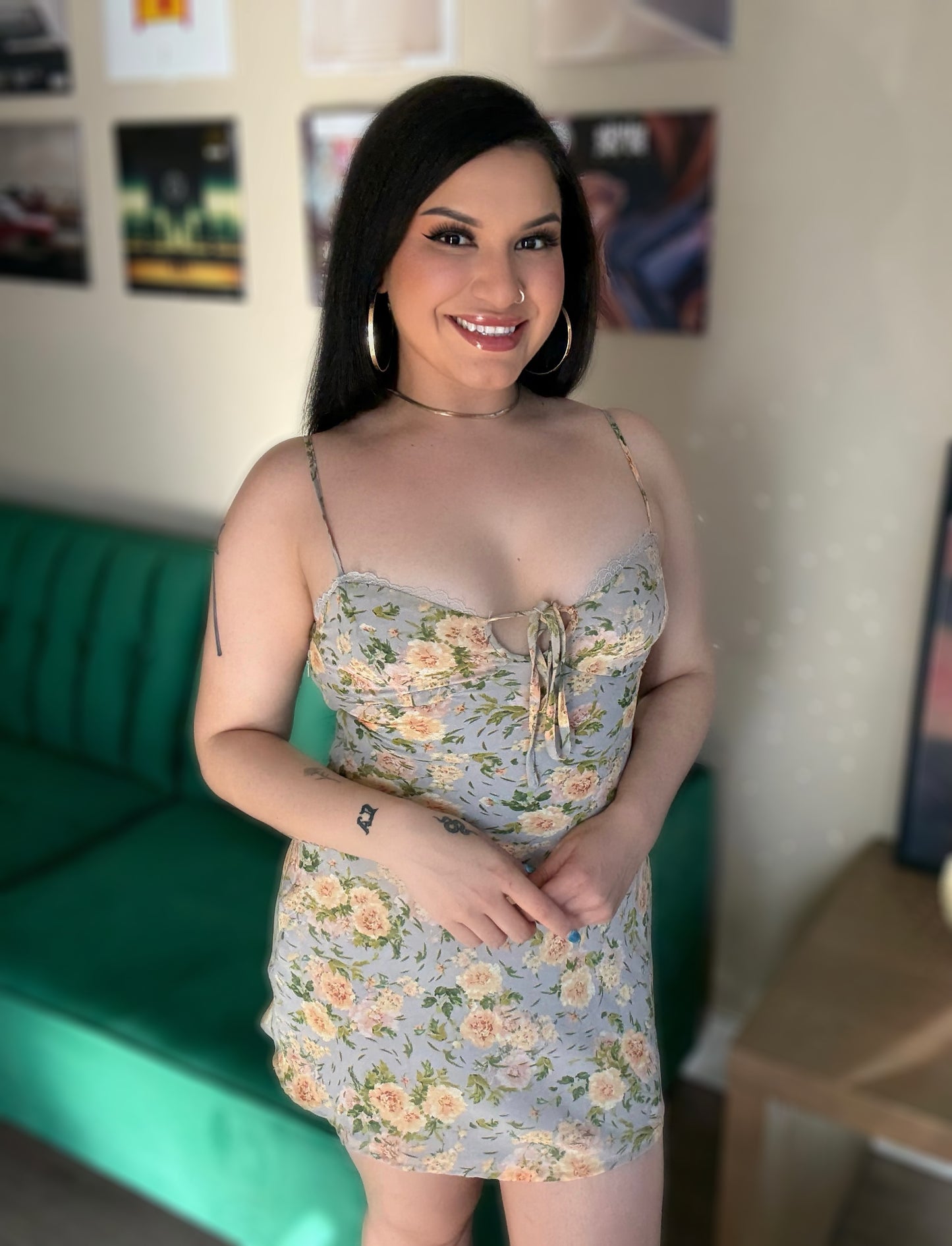 Golden Floral Print Mini Dress