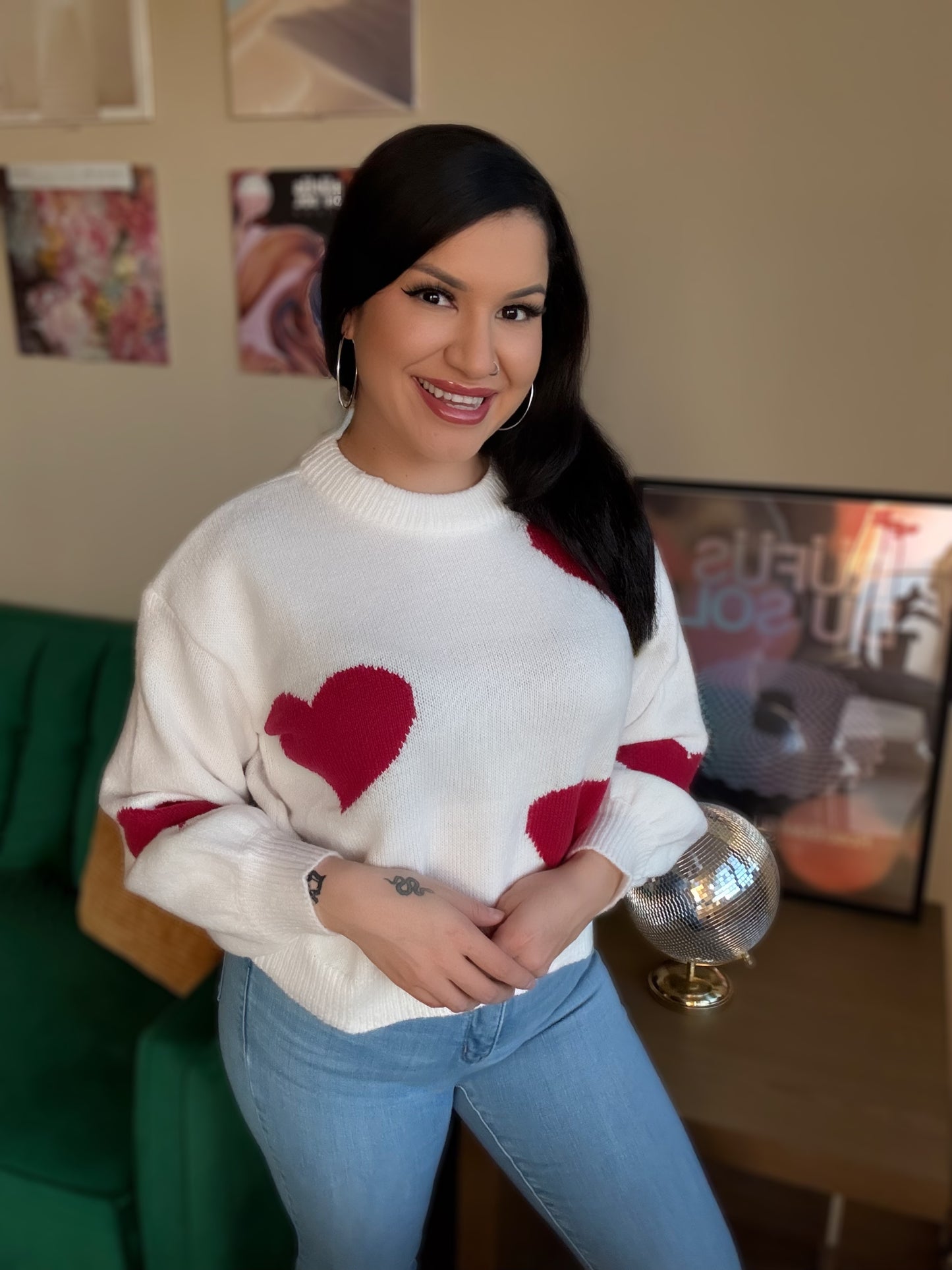 Red Long Sleeve Crew Neck Heart Sweater