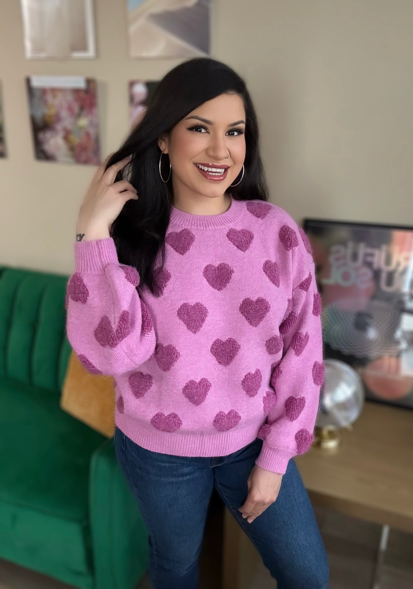 Valentine's Day Sweater, heart print, pink