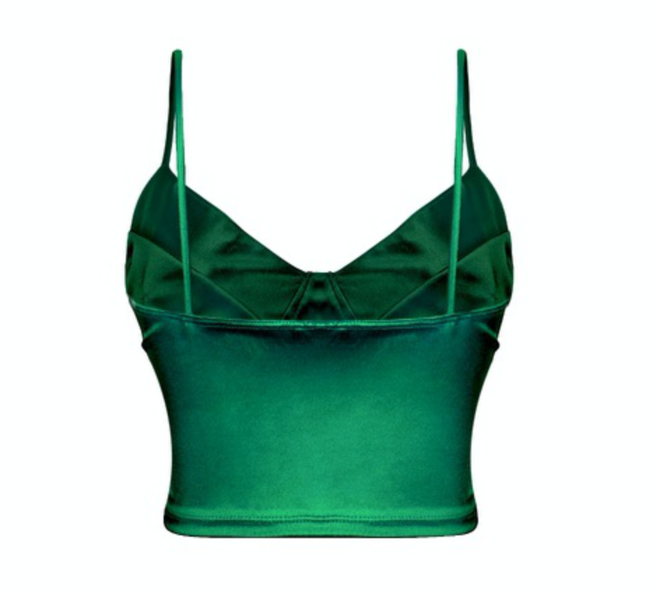 This glamorous emerald hunter green bustier satin crop top is to die for! It has a slight stretch to it. Made in the US 88% Polyester / 12% Spandex