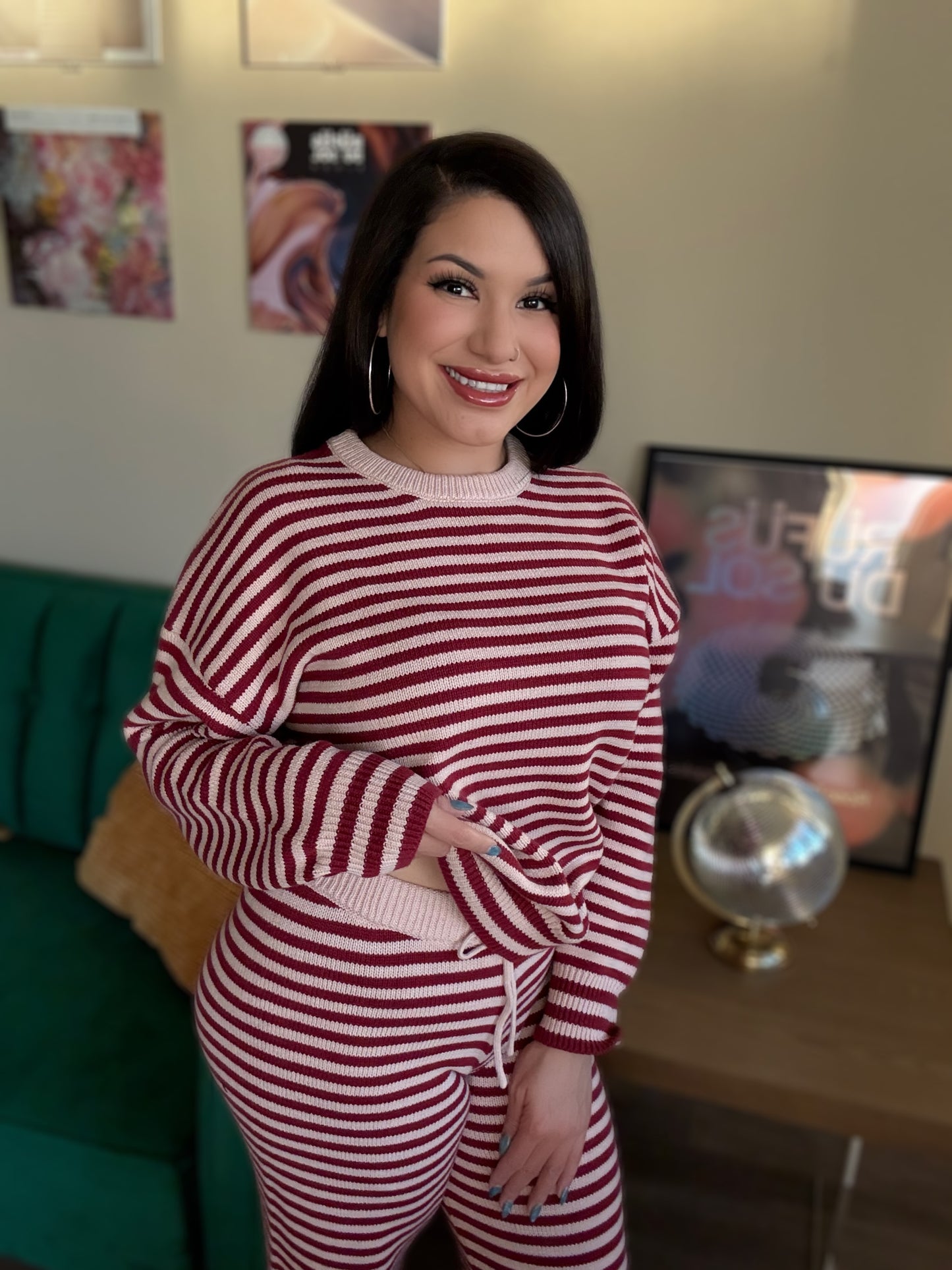 Burgundy Pink Crew Neck Stripe Sweater & Wide Leg Lounge Set