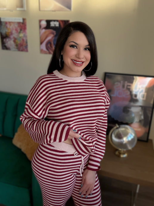 Burgundy Pink Crew Neck Stripe Sweater & Wide Leg Lounge Set