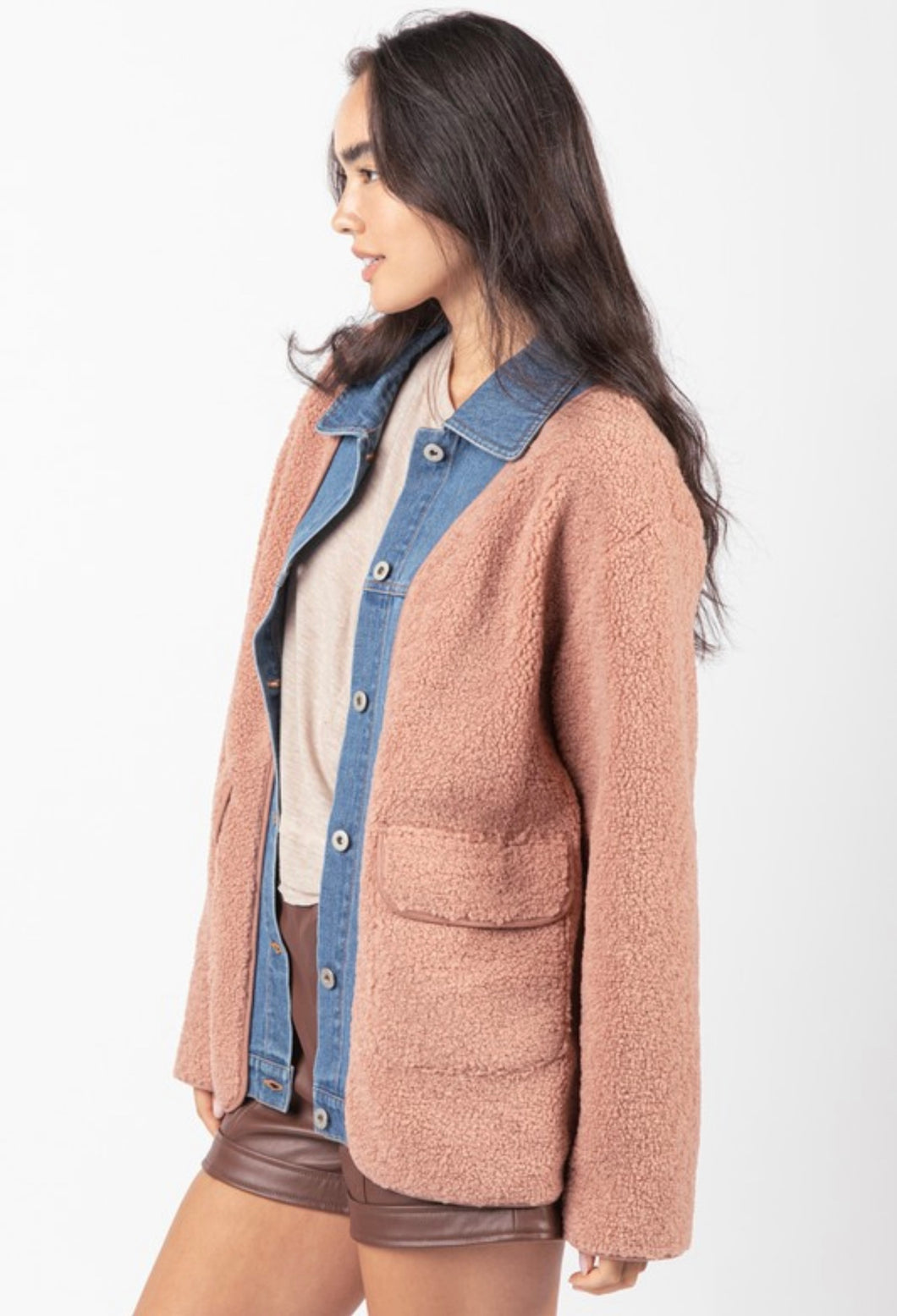 Soft fleece blush and denim contrast shacket jacket.