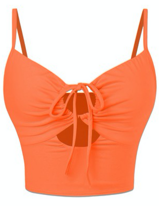 This zesty crop top in orange features an O ring, drawstring, and tunnel front. The fabric is super soft.   Fabric: 96% Polyester / 4% Spandex Made in the US 