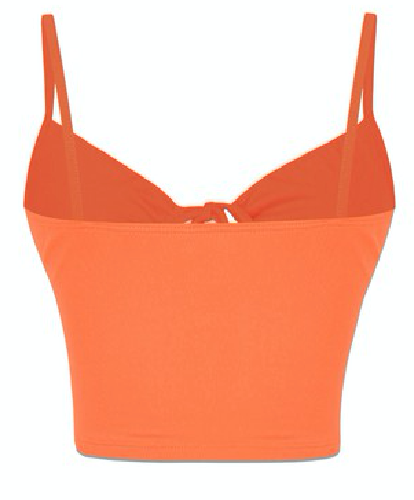 This zesty crop top in orange features an O ring, drawstring, and tunnel front. The fabric is super soft.   Fabric: 96% Polyester / 4% Spandex Made in the US 
