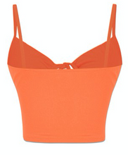 Load image into Gallery viewer, This zesty crop top in orange features an O ring, drawstring, and tunnel front. The fabric is super soft.   Fabric: 96% Polyester / 4% Spandex Made in the US 