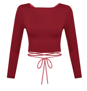 Show off some skin in this burgundy crop top! It features cross back detailing with a wrap tie.   Material: 96% POLYESTER 4% SPANDEX Made in the USA