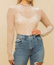 Load image into Gallery viewer, Velvet is timeless! We are loving this beige leopard print top with! Gold tip: Style with neutral heels, soft curls, and some hoops!  67% Polyester 23% Nylon 10% Spandex