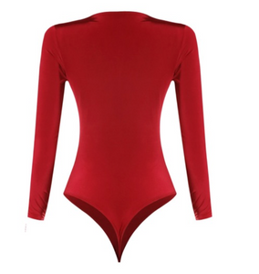 Feeling bold? This bodysuit in red will have all eyes on you. It's also super soft, comfortable, and double-layered.  95% Polyester 5% Spandex Made in the US