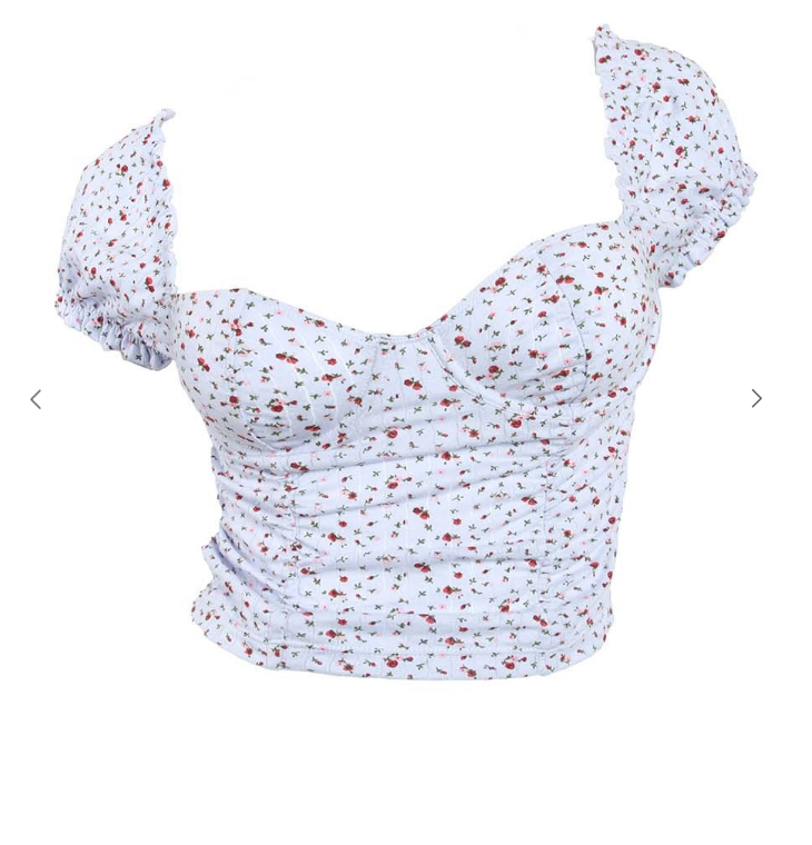 Spring into this cute floral crop top! It features an underwire and puff sleeves that can be worn on or off the shoulders.   Fabric: 95% Nylon 5% Spandex Runs small, so sizing up is recommended.