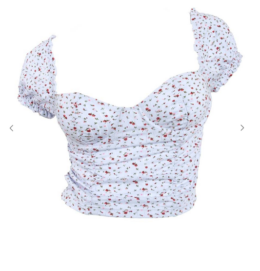 Spring into this cute floral crop top! It features an underwire and puff sleeves that can be worn on or off the shoulders.   Fabric: 95% Nylon 5% Spandex Runs small, so sizing up is recommended.
