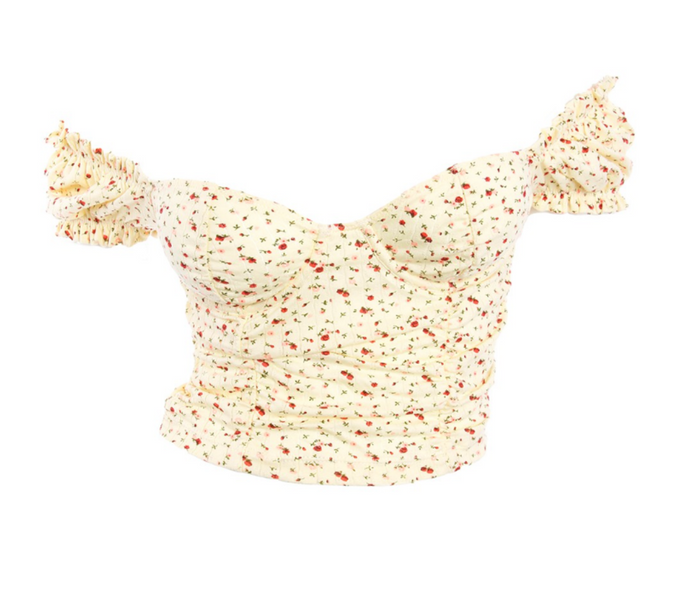Spring into this cute floral crop top! It features an underwire and puff sleeves that can be worn on or off the shoulders.   Fabric: 95% Nylon 5% Spandex Runs small, so sizing up is recommended.