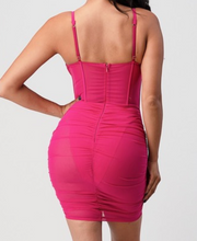 Load image into Gallery viewer, Look absolutely stunning in this sexy fuchsia corset dress!  96% Polyester 4% Spandex