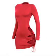 Load image into Gallery viewer, A sexy red long sleeved dress that&#39;s perfect for a night out/holiday photoshoots.   Fit &amp; Features:  Stretchy Double-layered Made in the US  92% Modal / 8% Spandex General Size Chart:  Sizes 2-4: Small Sizes 4-6: Medium Sizes 6-8: Large