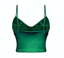 Load image into Gallery viewer, This glamorous emerald hunter green bustier satin crop top is to die for! It has a slight stretch to it. Made in the US 88% Polyester / 12% Spandex