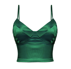 This glamorous emerald hunter green bustier satin crop top is to die for! It has a slight stretch to it. Made in the US 88% Polyester / 12% Spandex