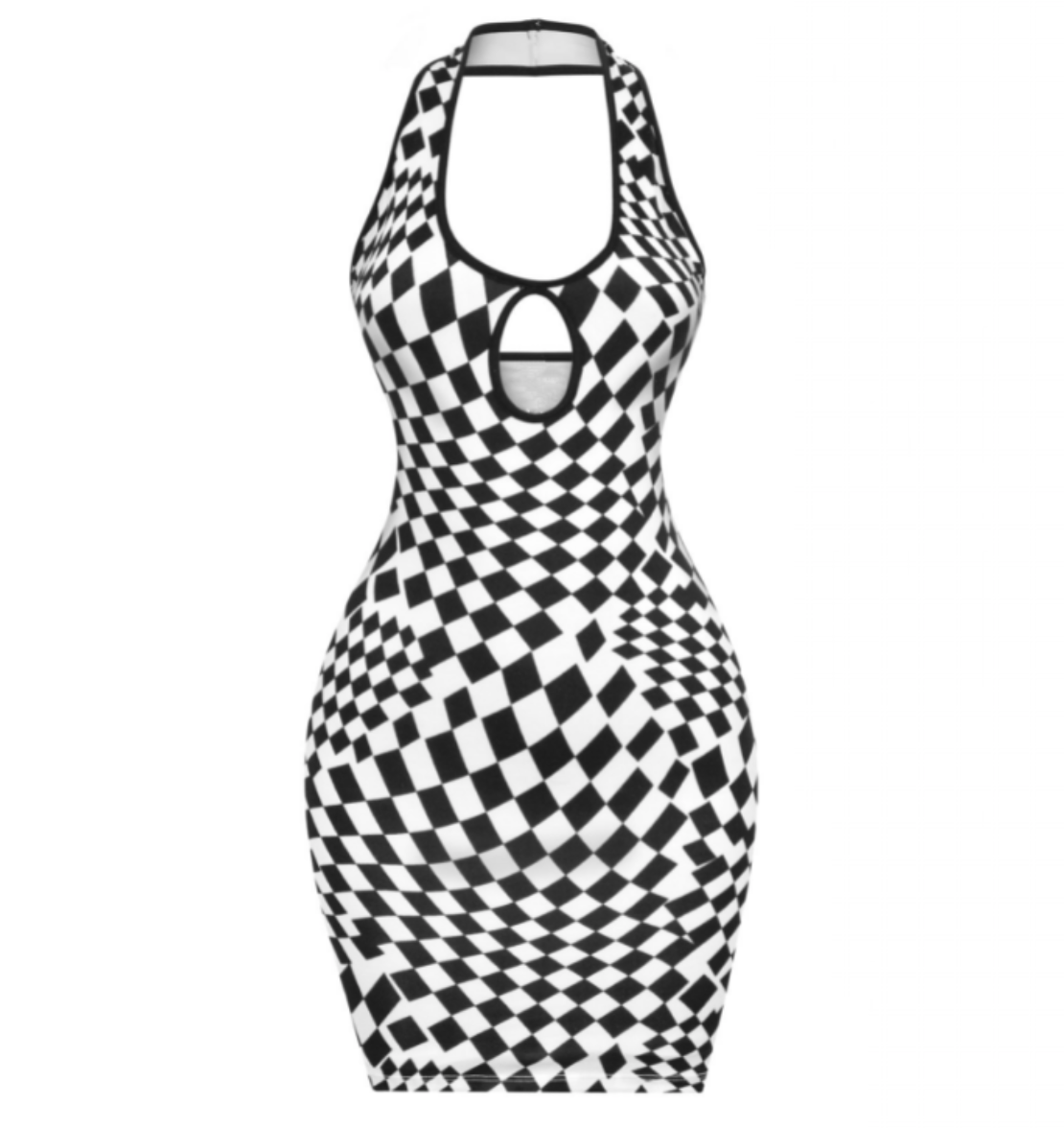 This unique halter dress features a checkered design. The material is soft, stretchy, and is lined.   Made in the US 96% Polyester / 4% Spandex 