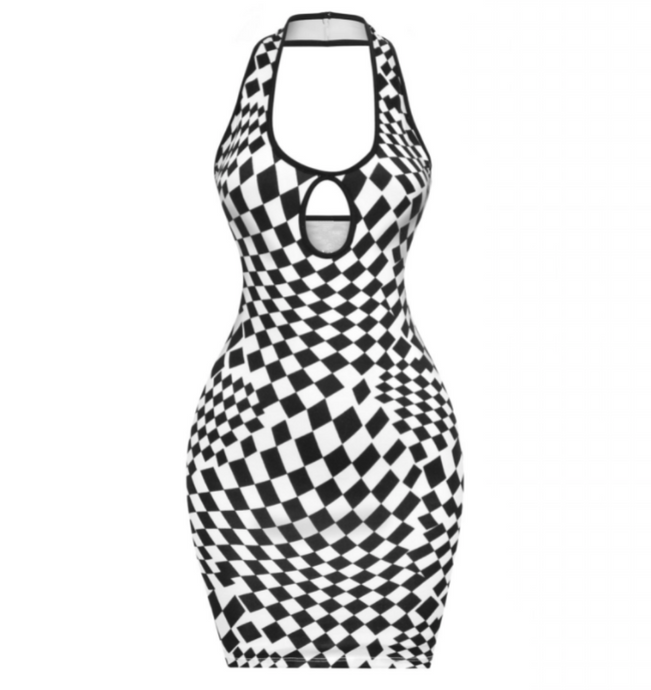 This unique halter dress features a checkered design. The material is soft, stretchy, and is lined.   Made in the US 96% Polyester / 4% Spandex 