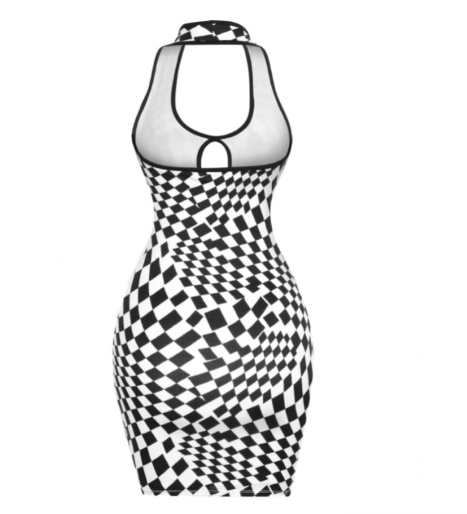 This unique halter dress features a checkered design. The material is soft, stretchy, and is lined.   Made in the US 96% Polyester / 4% Spandex 