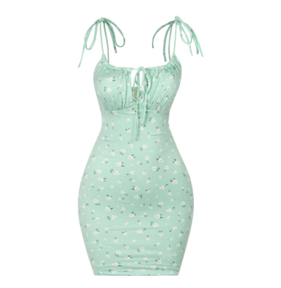 A sage green floral dress that's made for Spring. It features a drawstring and self ties. It's single-layered and is lined.  Soft and stretchy Made in the US 96% Polyester / 4% Spandex
