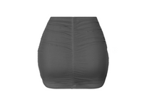 Load image into Gallery viewer, This mini skirt has a mesh overlay. It features: Lined Stretchy  Mesh overlay Made in the US Ruched detailing