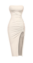 Load image into Gallery viewer, This dress gives us major beachy vibes! The perfect color for Summer.  Midi fit Side slit Stretchy Made in the US Double-layered Side drawstring tie