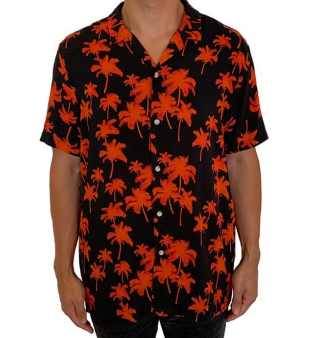 This shirt has a red palm tree design against black making it perfect for summer.   Made and Designed in LA 100% Rayon 