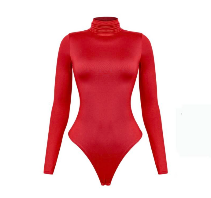 A beautifully made long sleeve turtleneck bodysuit that's made to last. It features a snap button closure. The material is extremely soft and is made to keep you warm/cool. It's also double-layered.