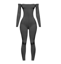Load image into Gallery viewer, An off-the-shoulder jumpsuit that is made with made with quality material that is soft. This jumpsuit is made with breathable material that adjusts to the temperature.  Stretchy Made in the US Double-layered 96% Polyester, 4% Spandex