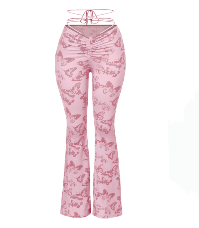 These trendy mauve butterfly flare pants are super cute and in this season! They are full length and feature:  Soft Stretchy Front self-tie Made in the US Front ruched detail 94% Polyester and 6% Spandex General sizing chart:   Sizes 2-4: Small  Sizes 4-6: Medium  Sizes 6-8: Large  Recommended:   Size down for a tighter fit