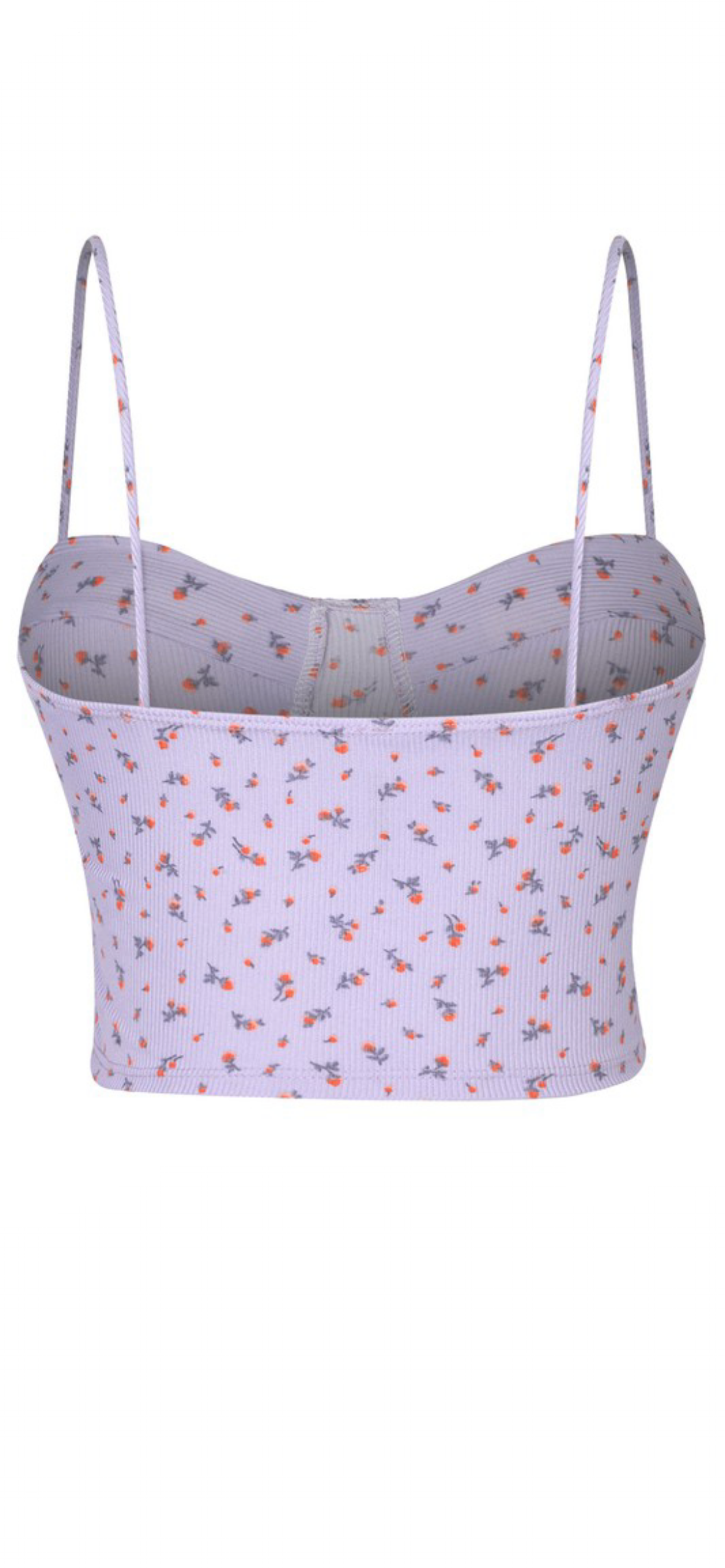 A super cute ribbed lavender bustier crop top with a padded bust. It has a stretch.   Made in the US 92% Polyester / 8% Spandex 