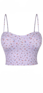 A super cute ribbed lavender bustier crop top with a padded bust. It has a stretch.   Made in the US 92% Polyester / 8% Spandex 